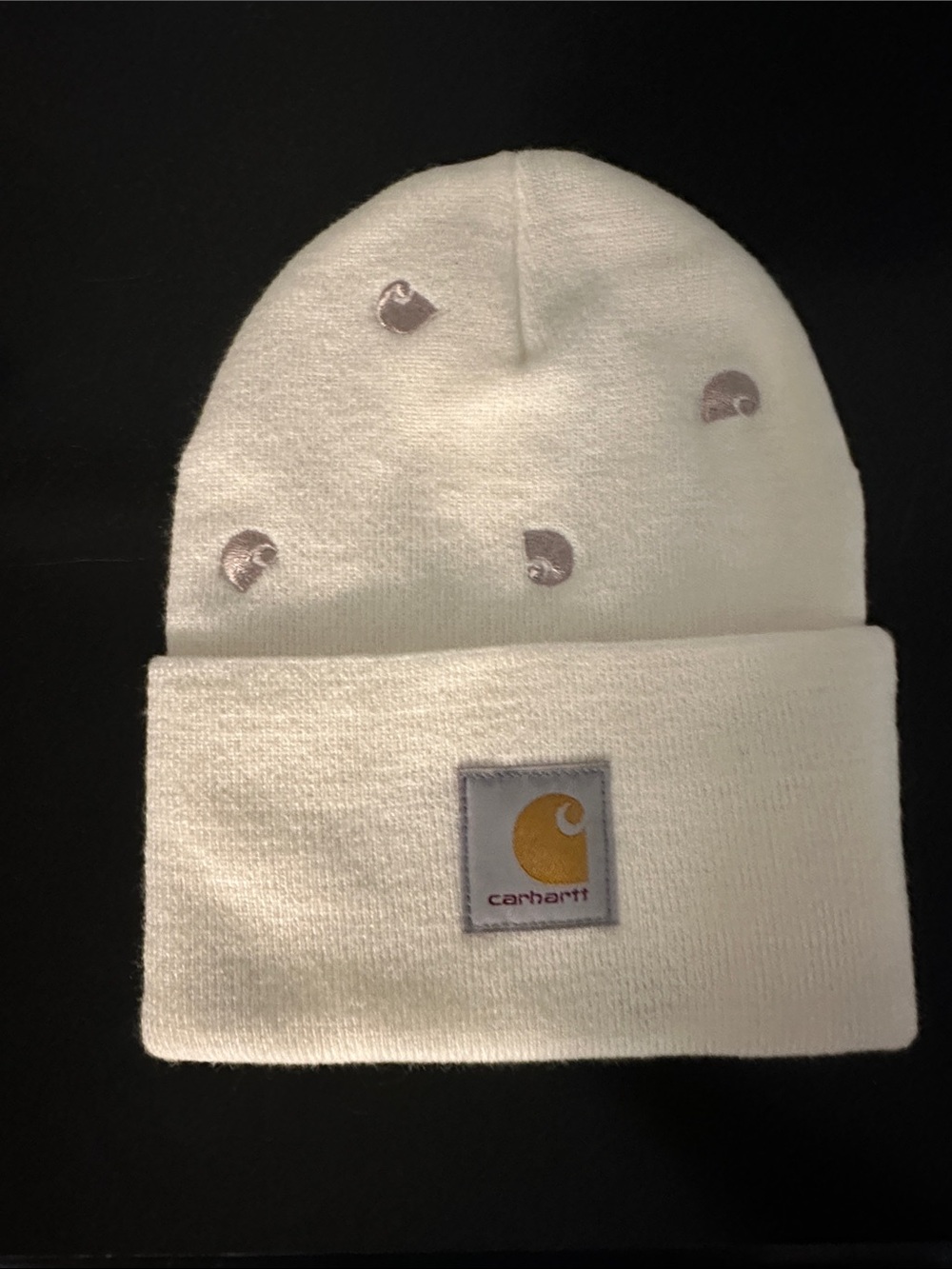 Carhartt White Beanie with Yellow Logo and Pink Accents